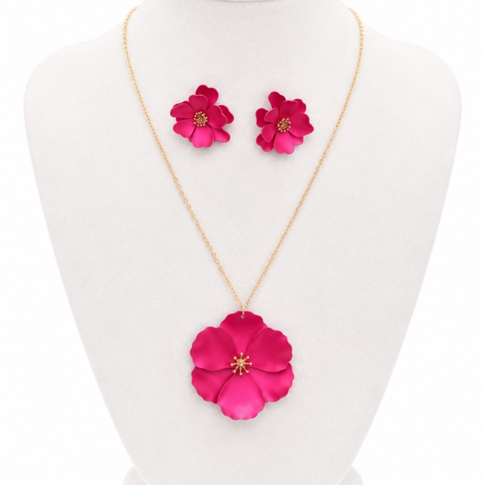 Pink Floral Necklace & Earring Set